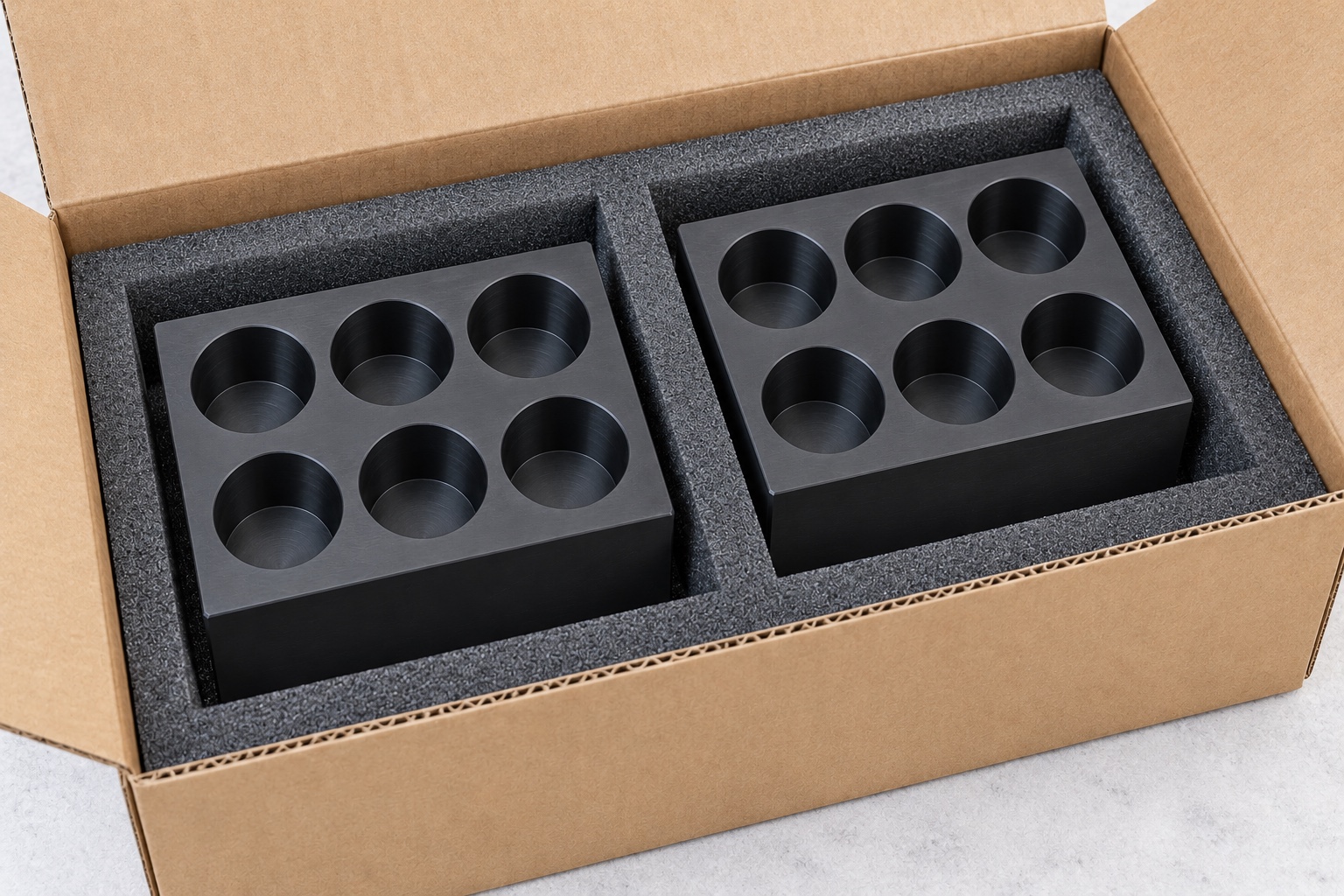 Illustrative protective packaging; not sterile delivery: Closed-Tube Cap Parking Blocks for Medical Laboratories: Pockets, Contact Limits and CNC Inspection