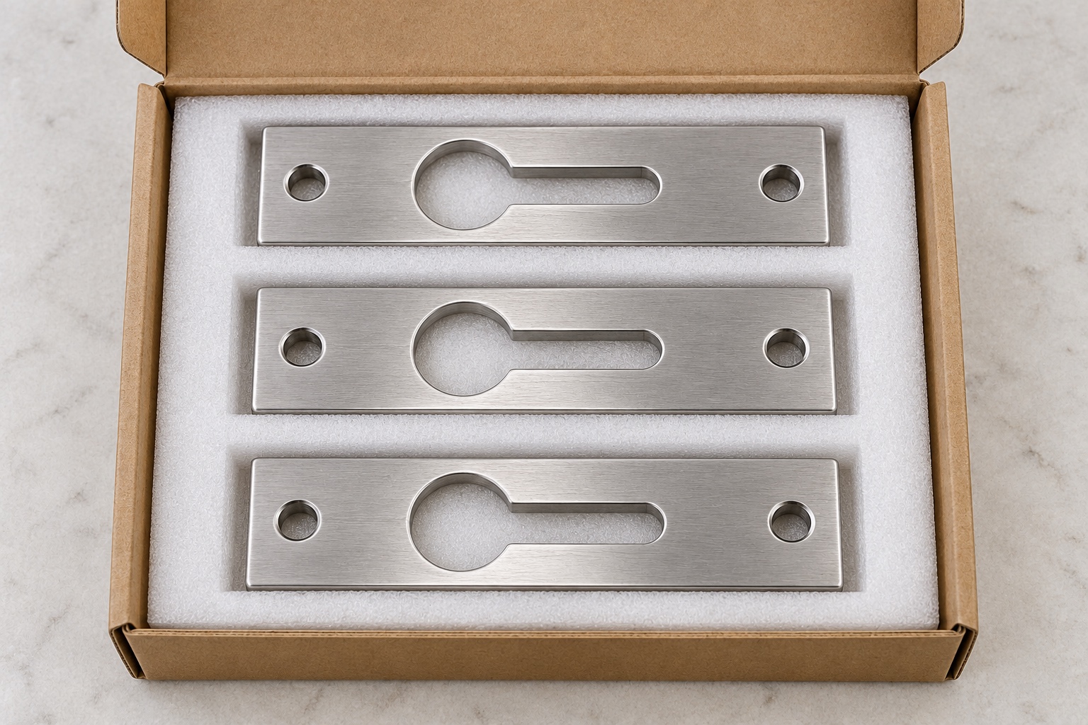 Illustrative protective packaging; not sterile delivery: Medical Equipment Keyhole Retaining Plates: Entry Geometry, Sliding Clearance and CNC Inspection