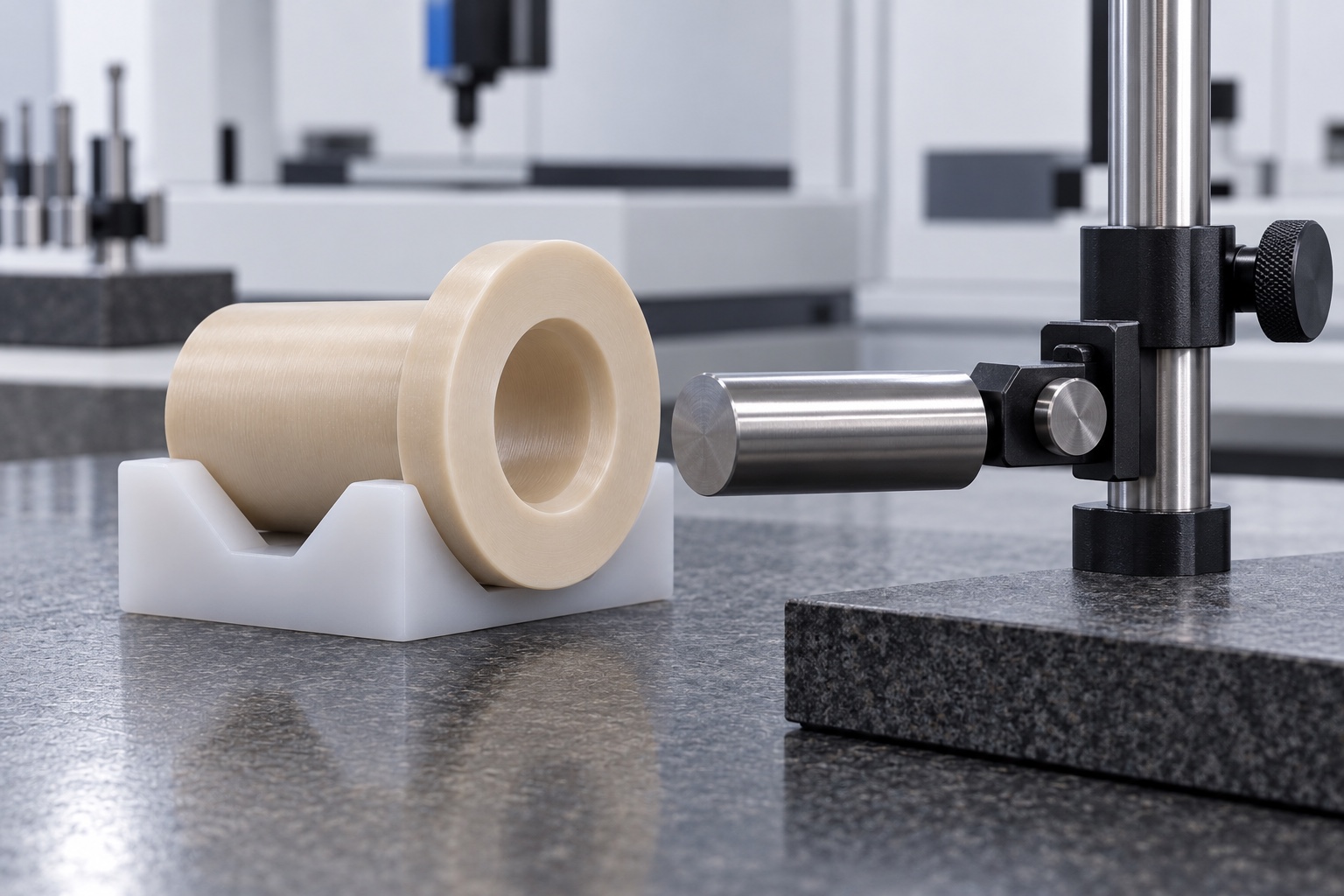 Illustrative inspection setup; no measured result: Natural PEEK Medical Analyzer Flanged Guide Bushing: Representative CNC Manufacturing Example