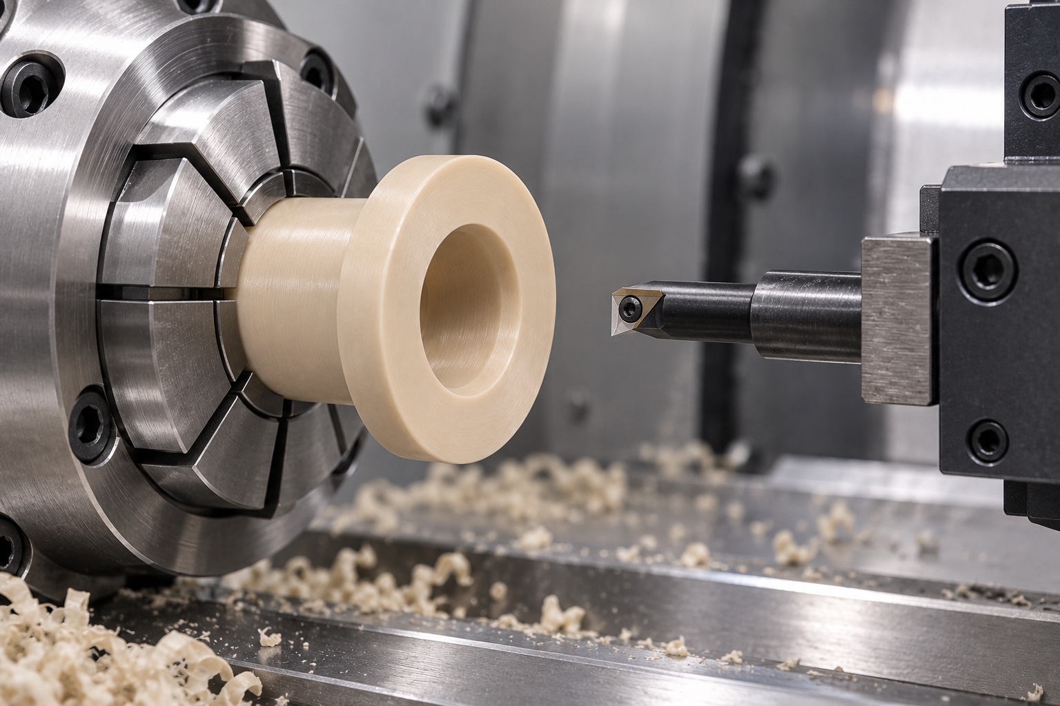 Illustrative CNC manufacturing: Natural PEEK Medical Analyzer Flanged Guide Bushing: Representative CNC Manufacturing Example