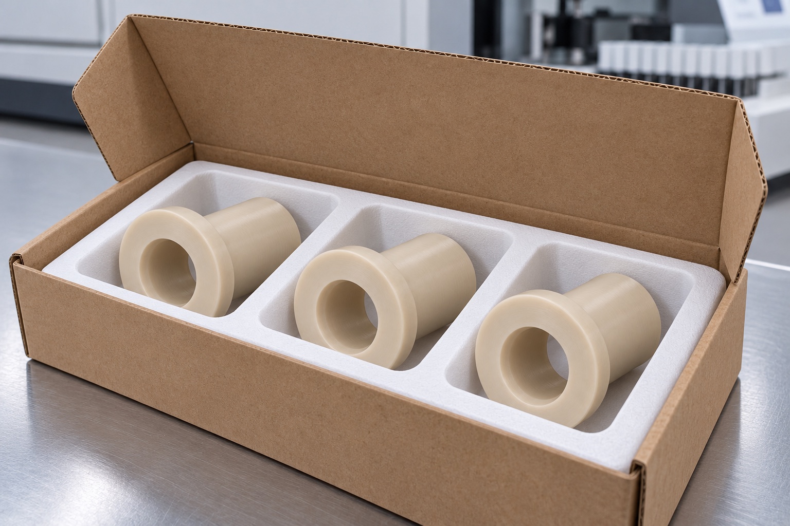 Illustrative protective packaging; not sterile delivery: Natural PEEK Medical Analyzer Flanged Guide Bushing: Representative CNC Manufacturing Example