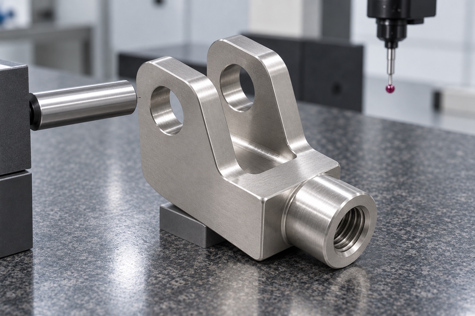 Illustrative inspection setup; no measured result: 316L Medical Equipment Linkage Clevis: Representative CNC Manufacturing Example
