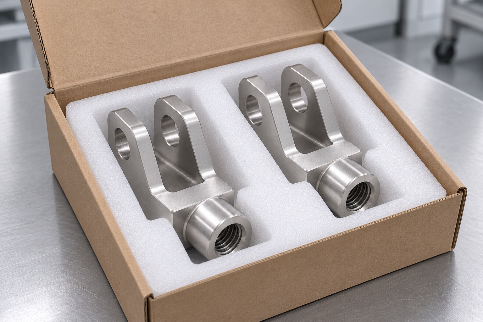 Illustrative protective packaging; not sterile delivery: 316L Medical Equipment Linkage Clevis: Representative CNC Manufacturing Example