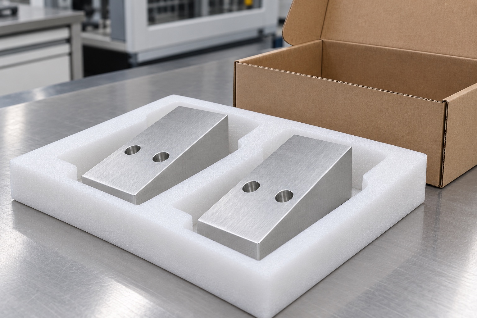 Illustrative protective packaging; not sterile delivery: 6061 Medical Analyzer Sensor Wedge: Representative CNC Manufacturing Example