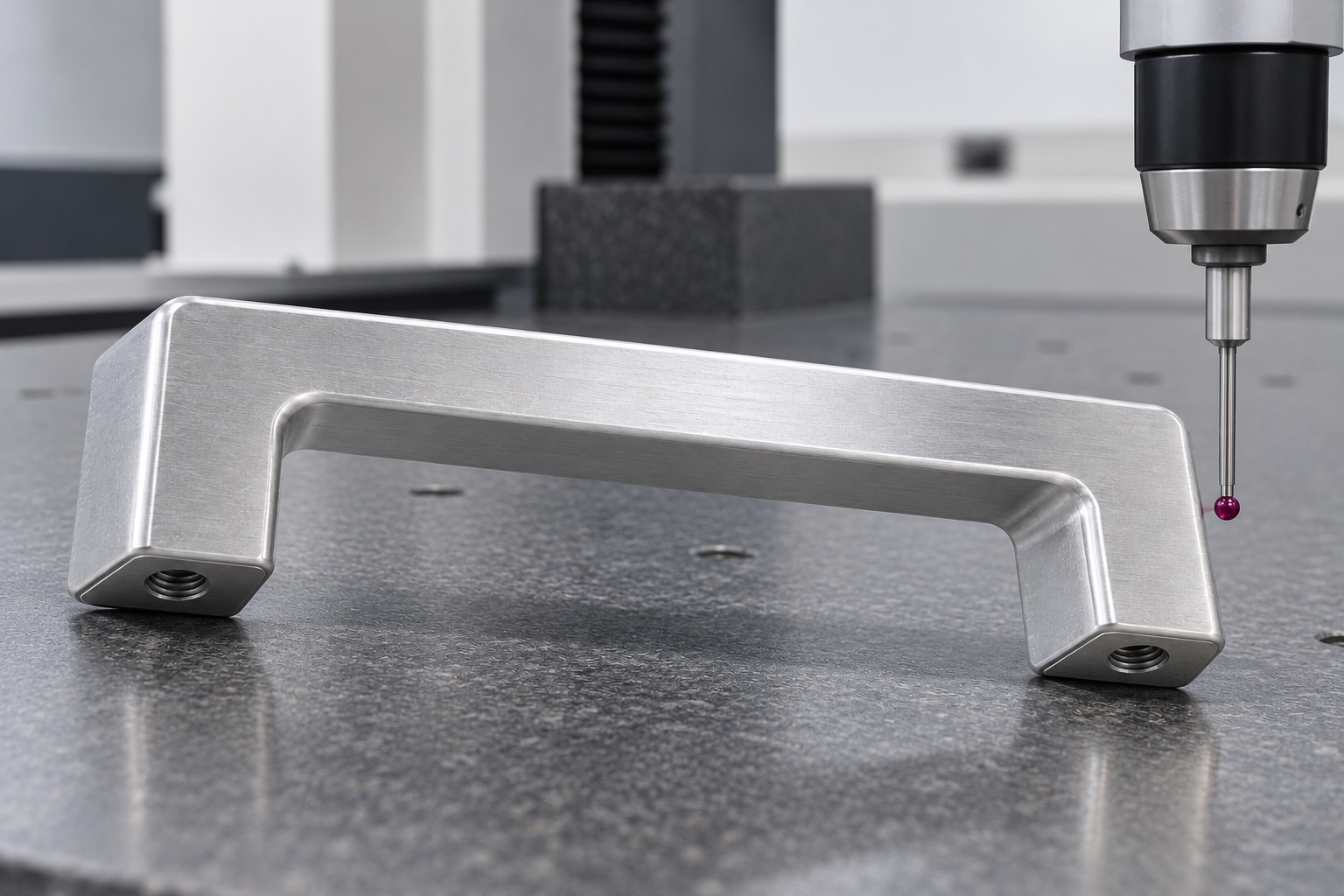 Illustrative inspection setup; no measured result: Medical Equipment Service Pull Handles: Mounting Feet, Clearance and CNC Inspection
