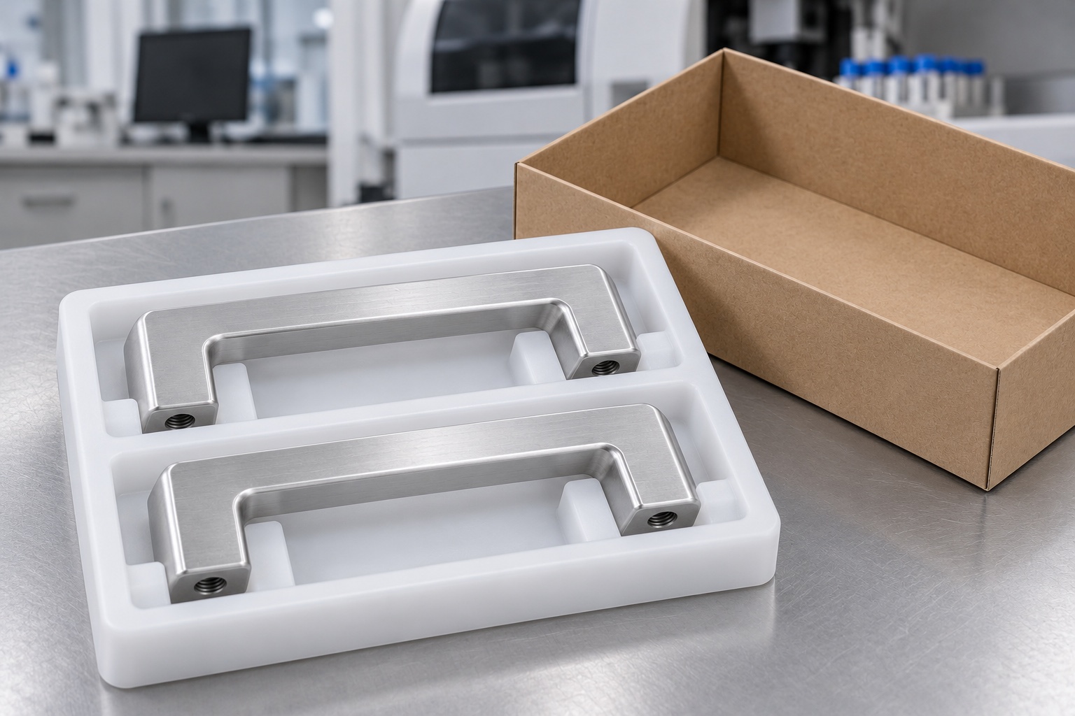 Illustrative protective packaging; not sterile delivery: Medical Equipment Service Pull Handles: Mounting Feet, Clearance and CNC Inspection