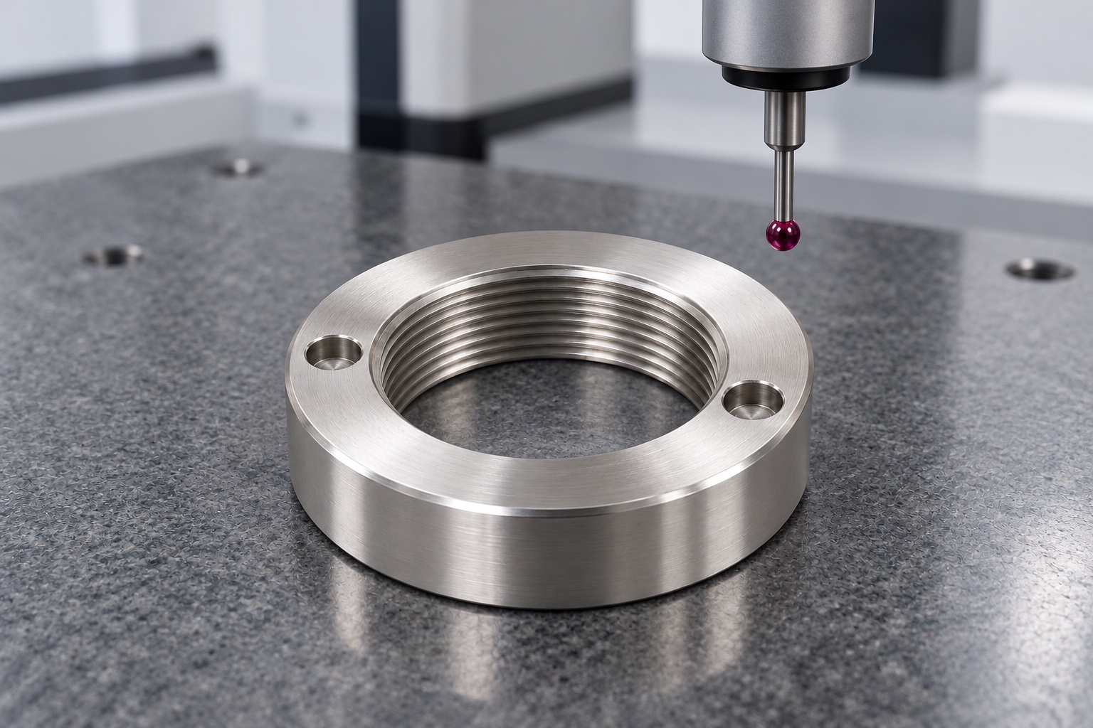Illustrative inspection setup; no measured result: Face-Hole Retaining Nuts for Medical Equipment: Threads, Seating Faces and CNC Inspection