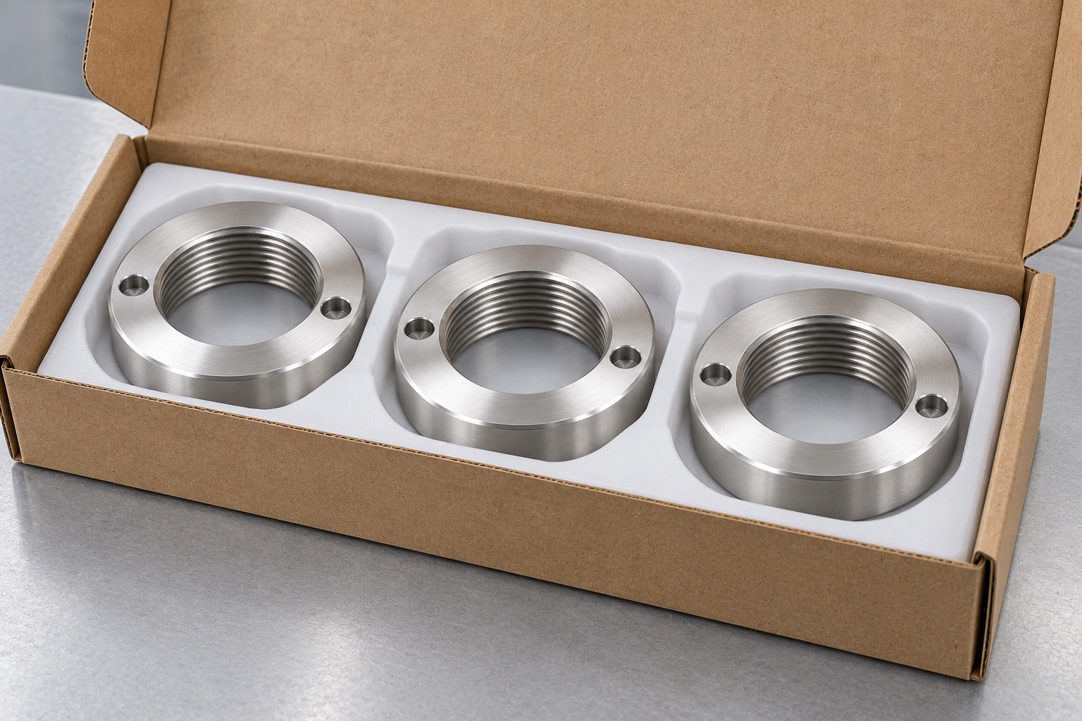 Illustrative protective packaging; not sterile delivery: Face-Hole Retaining Nuts for Medical Equipment: Threads, Seating Faces and CNC Inspection