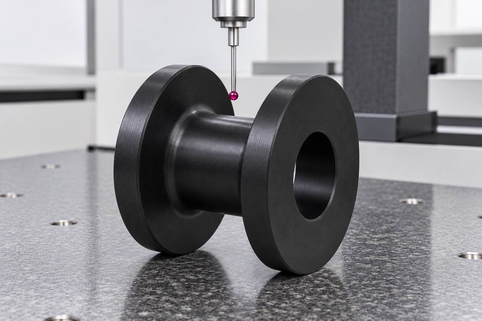 Illustrative inspection setup; no measured result: Static Cable Guide Spools for Medical Equipment: Contact Radius, Flanges and CNC Inspection
