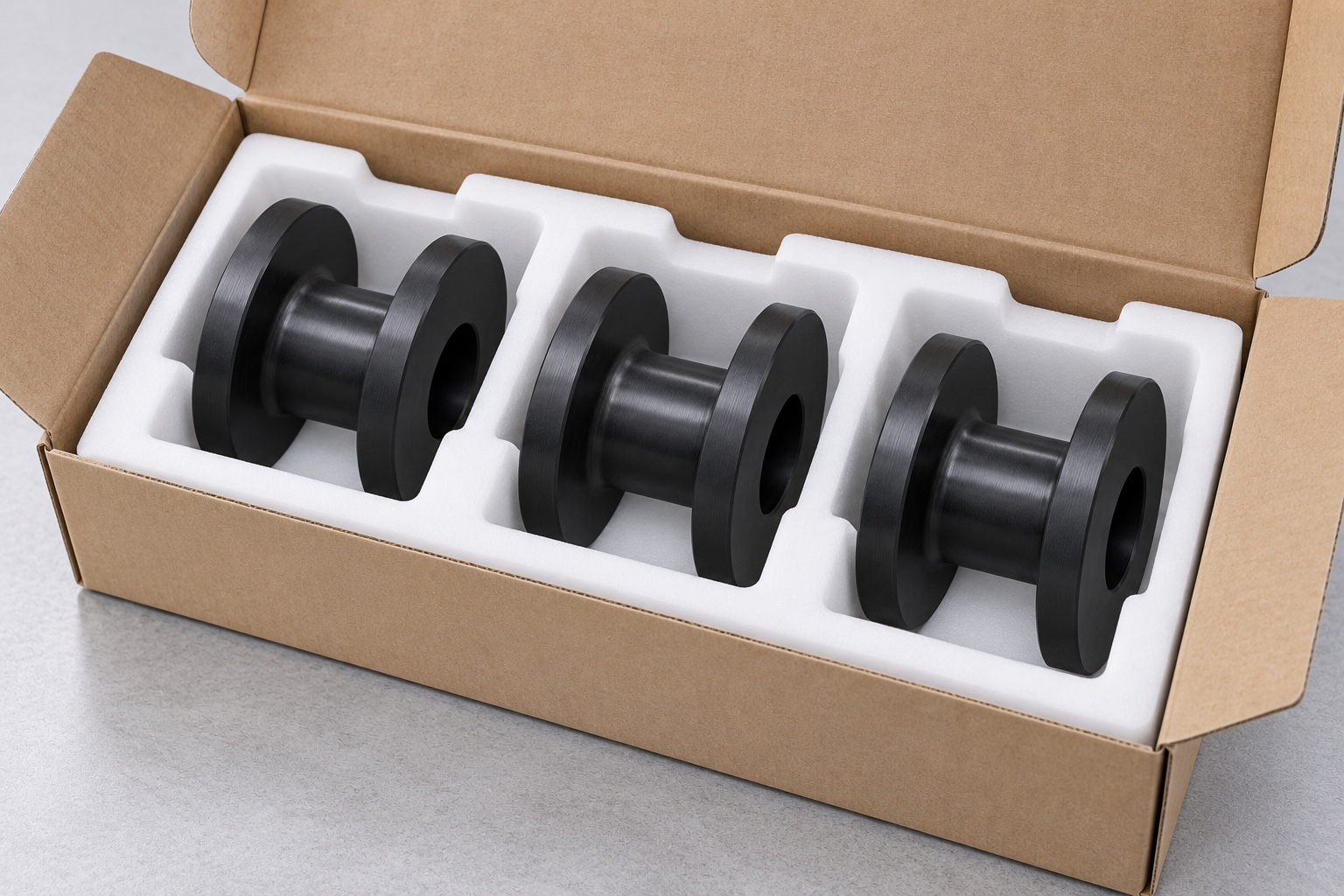 Illustrative protective packaging; not sterile delivery: Static Cable Guide Spools for Medical Equipment: Contact Radius, Flanges and CNC Inspection