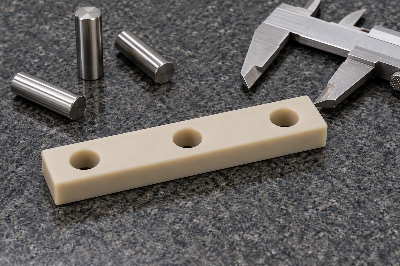 Illustrative inspection setup; no measured result: Medical Equipment Terminal Spacer Bars: Hole Spacing, Support and PEEK Machining