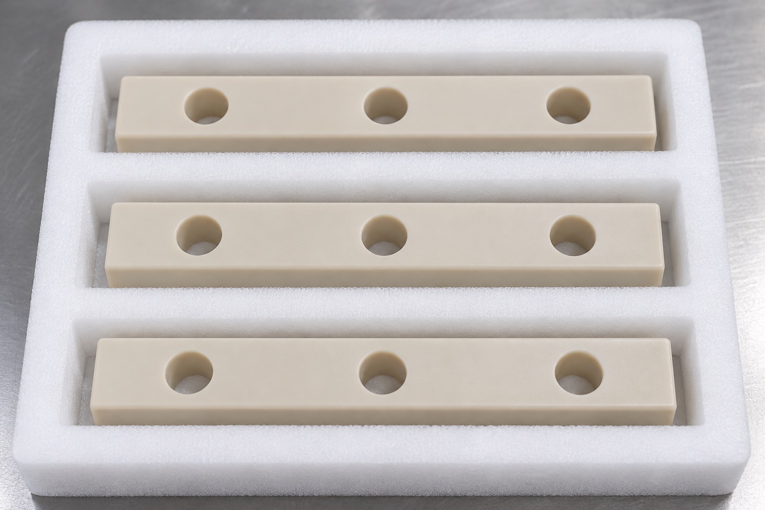 Illustrative protective packaging; not sterile delivery: Medical Equipment Terminal Spacer Bars: Hole Spacing, Support and PEEK Machining