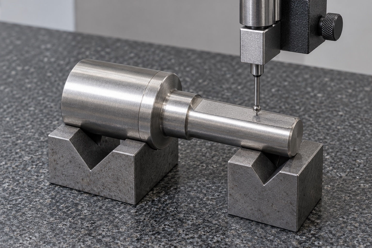 Illustrative inspection setup; no measured result: Medical Equipment D-Profile Adapter Shafts: Flats, Shoulders and CNC Inspection