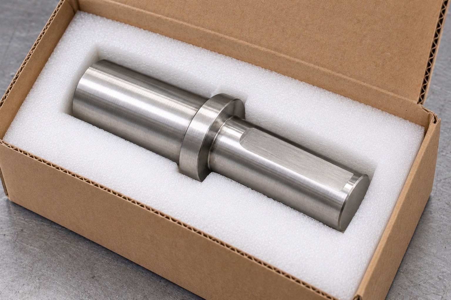 Illustrative protective packaging; not sterile delivery: Medical Equipment D-Profile Adapter Shafts: Flats, Shoulders and CNC Inspection