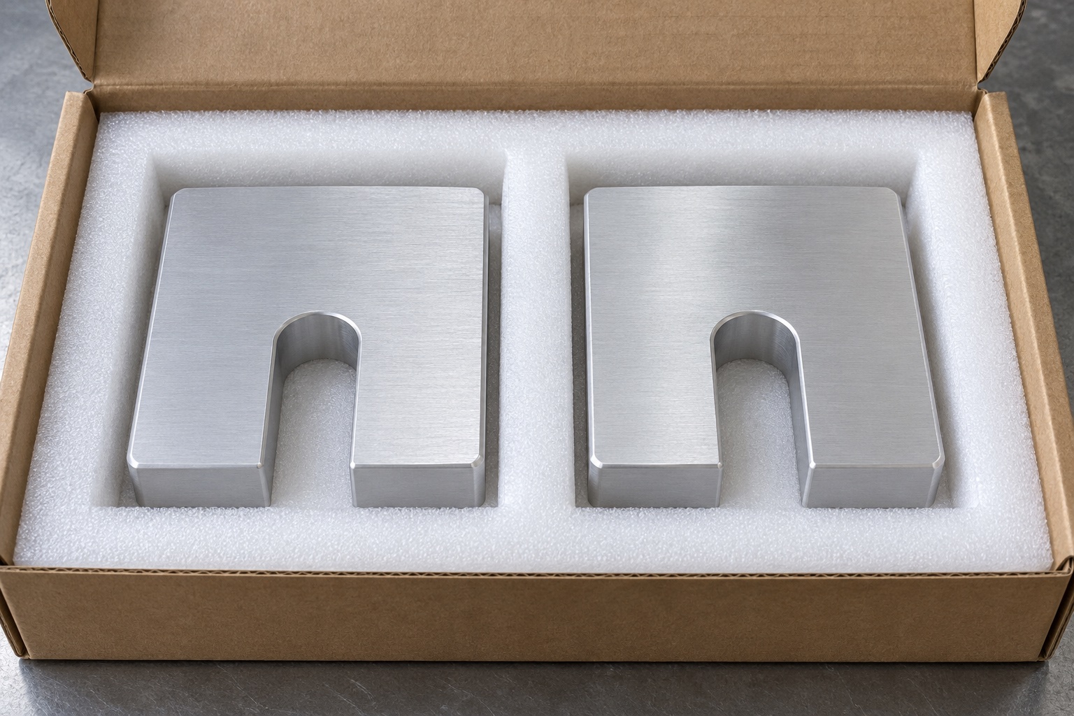 Illustrative protective packaging; not sterile delivery: Medical Equipment Horseshoe Spacer Plates: Side Access, Contact Faces and CNC Inspection