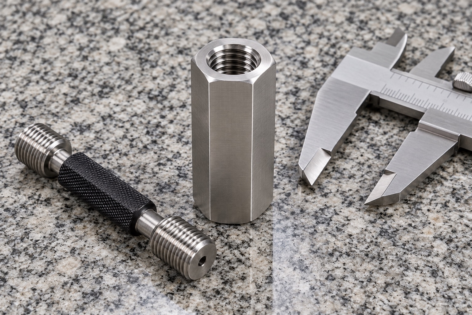 Illustrative inspection setup; no measured result: Medical Equipment Hex Coupling Nuts: Thread Engagement, End Access and CNC Inspection