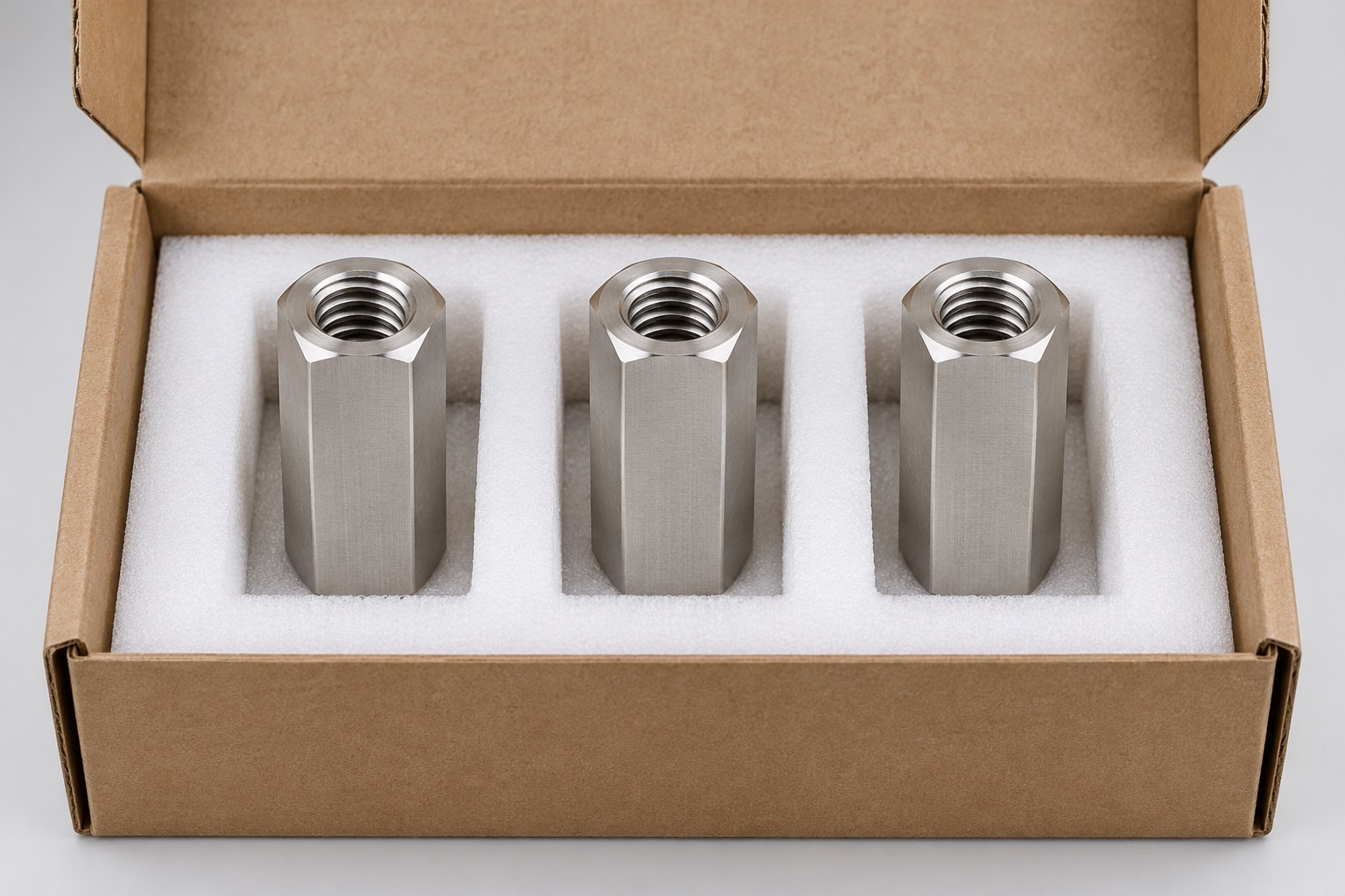 Illustrative protective packaging; not sterile delivery: Medical Equipment Hex Coupling Nuts: Thread Engagement, End Access and CNC Inspection