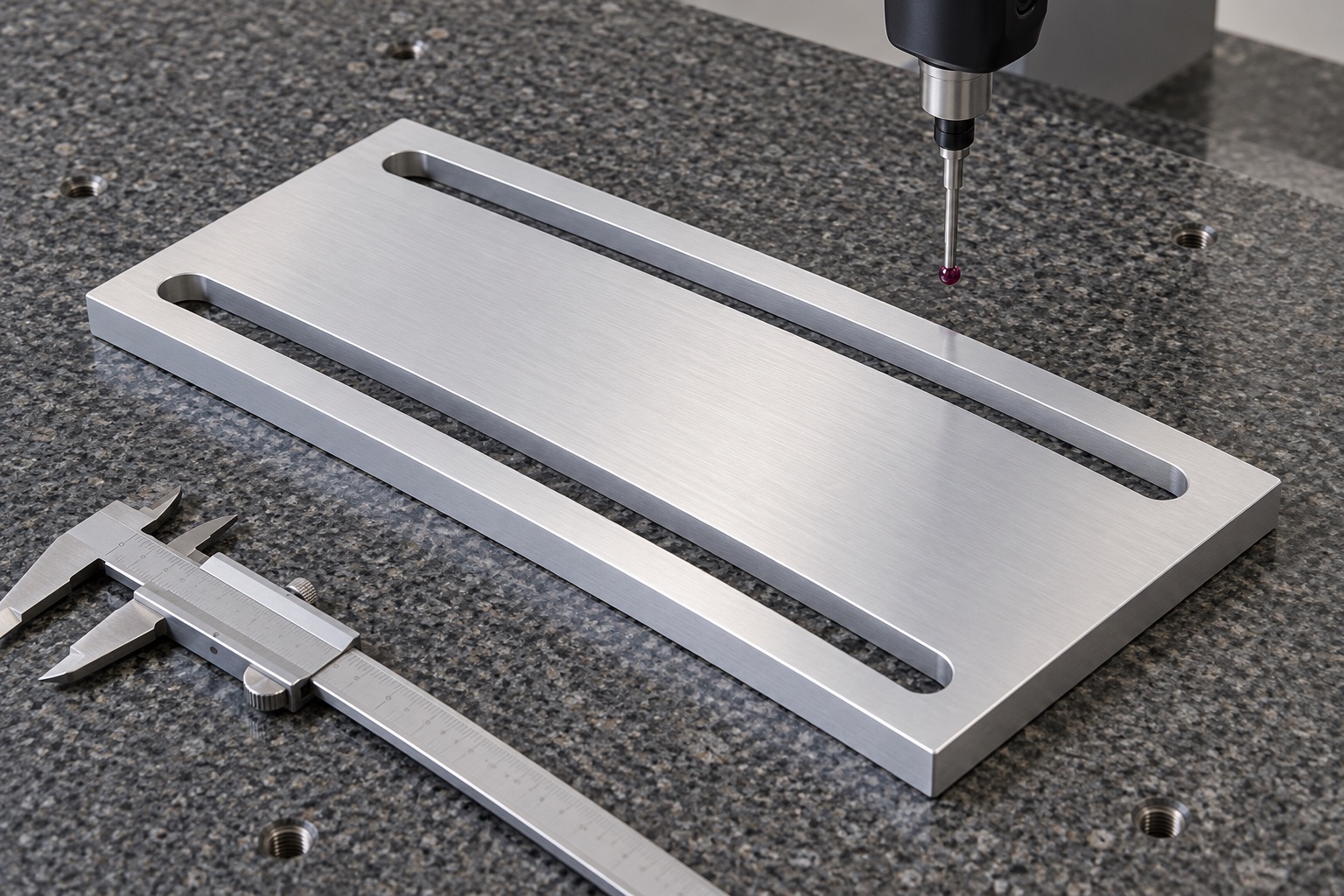 Illustrative inspection setup; no measured result: Medical Equipment Slotted Adjustment Plates: Travel, Contact Faces and CNC Inspection
