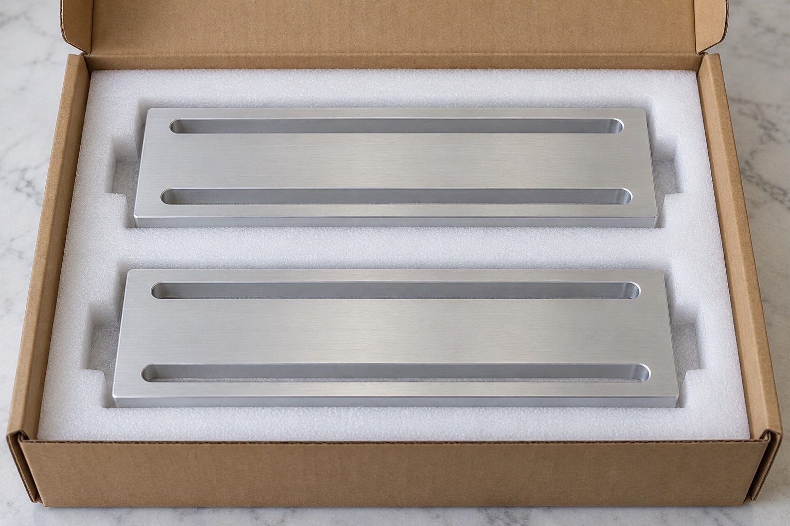 Illustrative protective packaging; not sterile delivery: Medical Equipment Slotted Adjustment Plates: Travel, Contact Faces and CNC Inspection